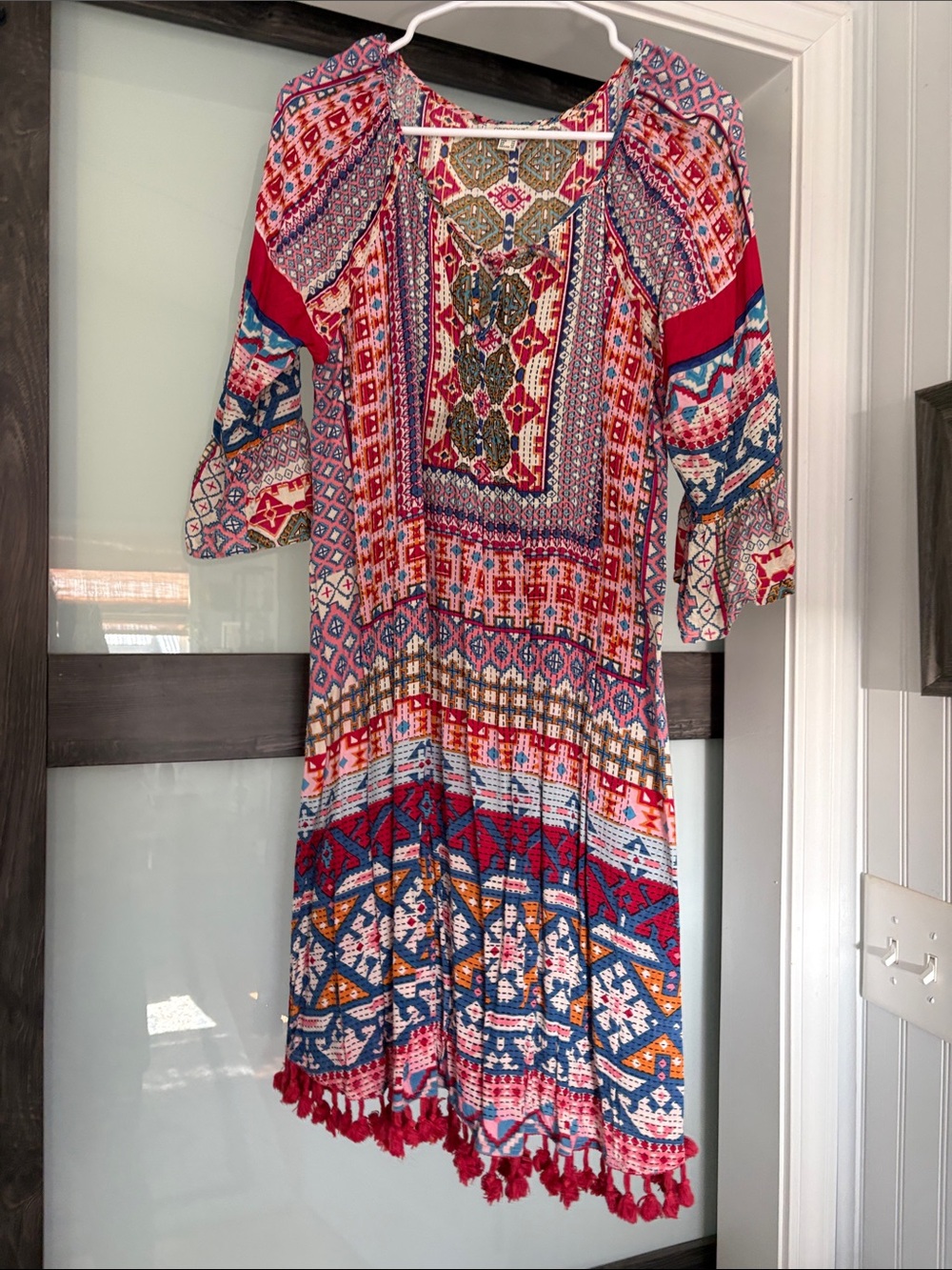 Boho Floral Patchwork Tunic Dress in Red & Blue